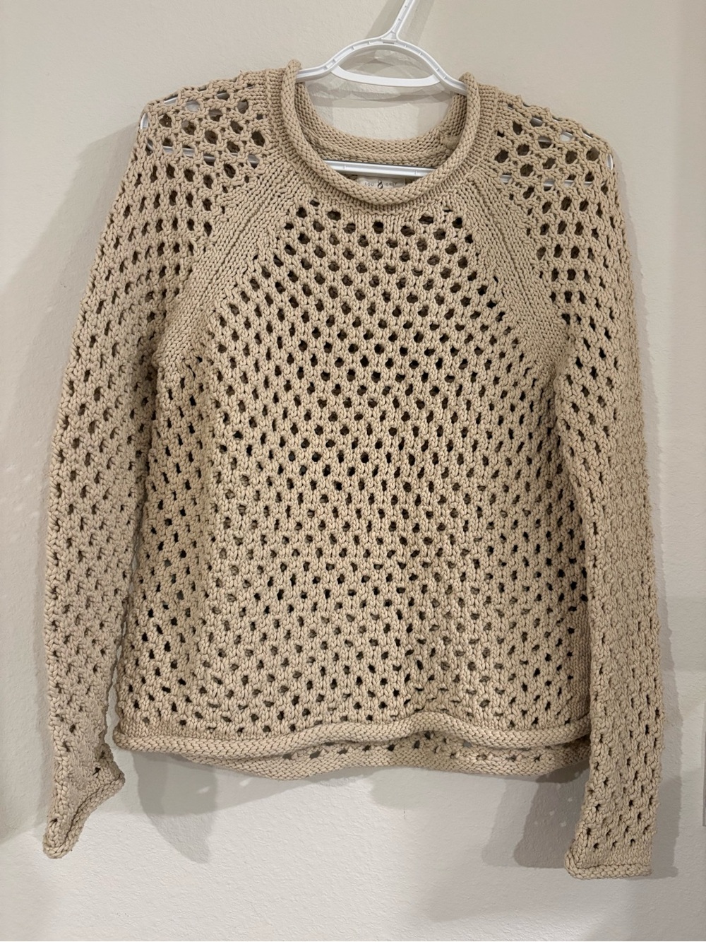 Lou & Grey Open-Weave Crewneck Sweater in Beige